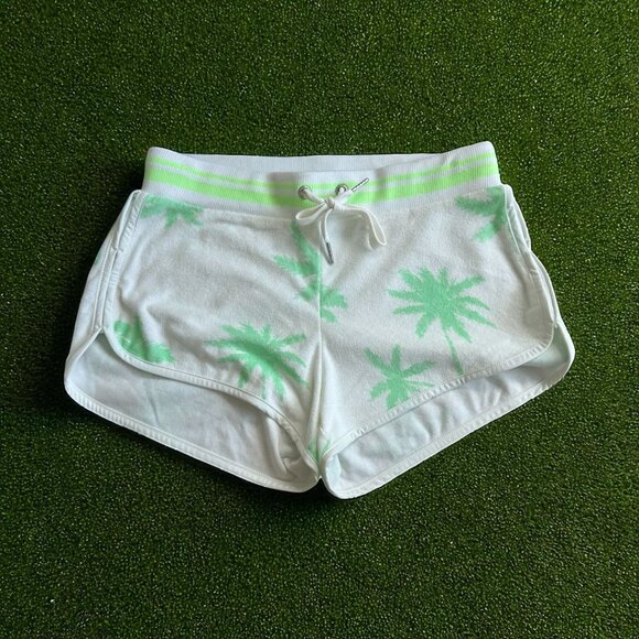 JUICY COUTURE White Green Palm Tree Print Terry Shorts Size Small - Picture 1 of 6